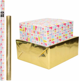 Shoppartners 6x Rollen kraft inpakpapier happy birthday pakket - metallic goud 200 x 70/50 cm - Cadeaupapier