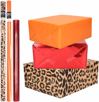 Shoppartners 6x Rollen kraft inpakpapier pakket dierenprint/metallic rood en oranje 200 x 70/50 cm - Cadeaupapier