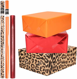 Shoppartners 6x Rollen kraft inpakpapier pakket dierenprint/metallic rood en oranje 200 x 70/50 cm