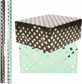 Shoppartners 6x Rollen luxe folie inpakpapier zilveren/gouden stippen pakket - mintgroen/zwart 200 x 70 cm - Cadeaupapier