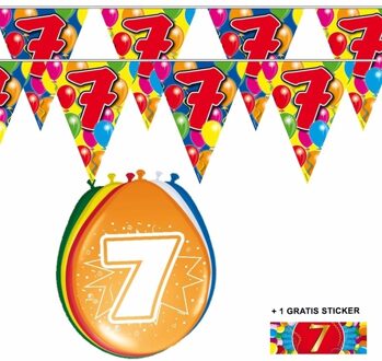 Shoppartners 7 jaar versiering set - kamer - 2x vlaggenlijnen - 8x ballonnen - gratis sticker Multi
