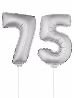 Shoppartners 75 jaar leeftijd feestartikelen - versiering cijfers - zilver - ballonnen op stokje - van 41 cm