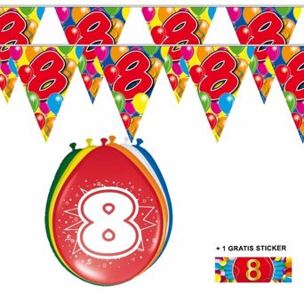 Shoppartners 8 jaar versiering set - kamer - 2x vlaggenlijnen - 8x ballonnen - gratis sticker