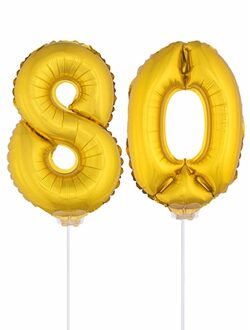 Shoppartners 80 jaar leeftijd feestartikelen - versiering cijfers - goud - ballonnen op stokje - van 41 cm