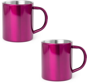Shoppartners 8x Drinkbeker/mok fuchsia 280 ml - RVS - Fuchsia mokken/bekers voor onbijt en lunch