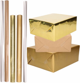 Shoppartners 8x Rollen kraft inpakpapier goud/transparant pakket - goud/cellofaan/bruin 500 x 70 cm - 400 x 50 cm