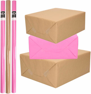 Shoppartners 8x Rollen kraft inpakpapier/kaftpapier pakket bruin/roze 200 x 70 cm