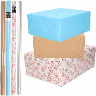 Shoppartners 8x Rollen transparant folie/inpakpapier pakket - blauw/bruin/wit met hartjes 200 x 70 cm
