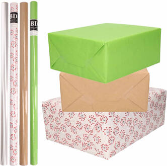 Shoppartners 8x Rollen transparant folie/inpakpapier pakket - groen/bruin/wit met hartjes 200 x 70 cm - Cadeaupapier