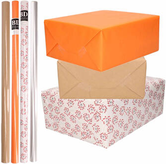 Shoppartners 8x Rollen transparant folie/inpakpapier pakket - oranje/bruin/wit met hartjes 200 x 70 cm - Cadeaupapier