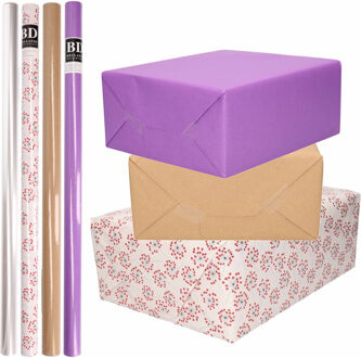 Shoppartners 8x Rollen transparant folie/inpakpapier pakket - paars/bruin/wit met hartjes 200 x 70 cm