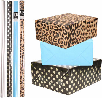 Shoppartners 8x Rollen transparante folie/inpakpapier pakket - panterprint/blauw/zwart met stippen 200 x 70 cm