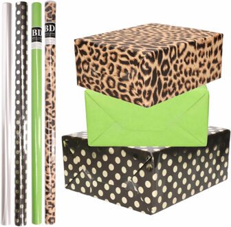 Shoppartners 8x Rollen transparante folie/inpakpapier pakket - panterprint/groen/zwart met stippen 200 x 70 cm