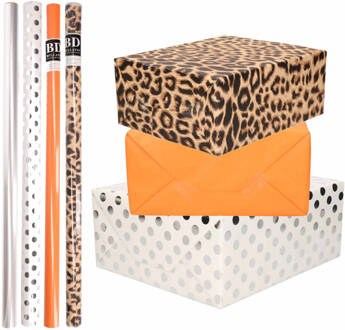 Shoppartners 8x Rollen transparante folie/inpakpapier pakket - panterprint/oranje/wit met stippen 200 x 70 cm - Cadeaupapier