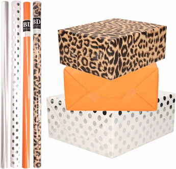 Shoppartners 8x Rollen transparante folie/inpakpapier pakket - panterprint/oranje/wit met stippen 200 x 70 cm