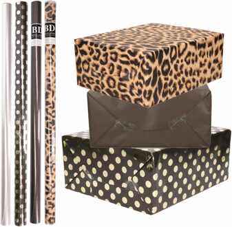 Shoppartners 8x Rollen transparante folie/inpakpapier pakket - panterprint/zwart/zwart met stippen 200 x 70 cm