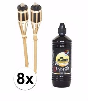 Shoppartners 8x Tuinfakkels van bamboe 61 cm met fakkelolie 1L