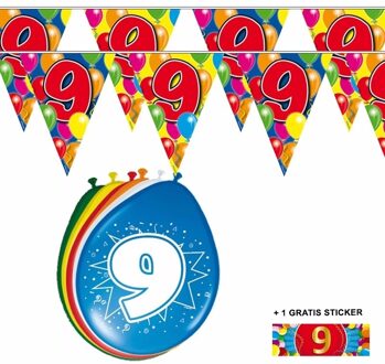 Shoppartners 9 jaar versiering set - kamer - 2x vlaggenlijnen - 8x ballonnen - gratis sticker