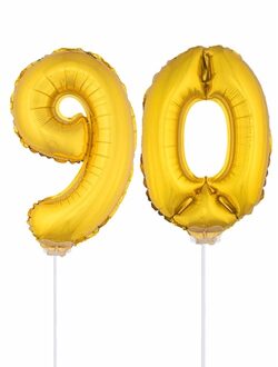 Shoppartners 90 jaar leeftijd feestartikelen - versiering cijfers - goud - ballonnen op stokje - van 41 cm Goudkleurig