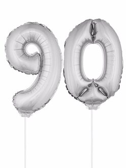 Shoppartners 90 jaar leeftijd feestartikelen - versiering cijfers - zilver - ballonnen op stokje - van 41 cm