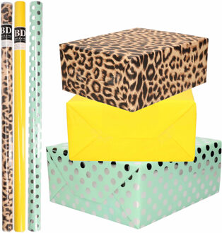 Shoppartners 9x Rollen kraft inpakpapier/folie pakket - panterprint/geel/mintgroen zilver stippen 200 x 70 cm