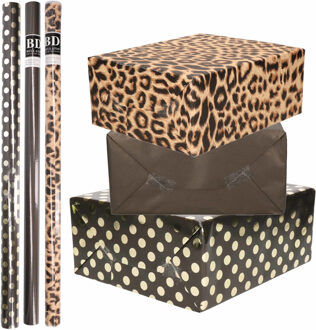 Shoppartners 9x Rollen kraft inpakpapier/folie pakket - panterprint/zwart/zwart met gouden stippen 200x70 cm