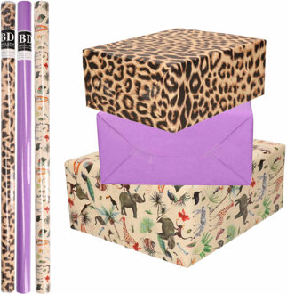 Shoppartners 9x Rollen kraft inpakpapier jungle/panter pakket - dieren/luipaard/paars 200 x 70 cm