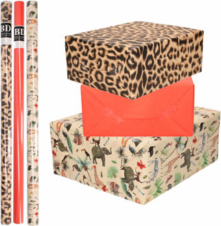Shoppartners 9x Rollen kraft inpakpapier jungle/panter pakket - dieren/luipaard/rood 200 x 70 cm