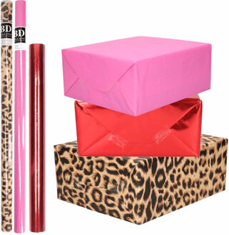 Shoppartners 9x Rollen kraft inpakpapier pakket dierenprint/metallic rood en roze 200 x 70/50 cm