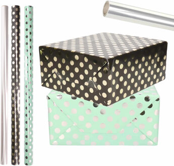 Shoppartners 9x Rollen transparante/folie inpakpapier zilveren/gouden stippen pakket - groen/zwart 200 x 70 cm