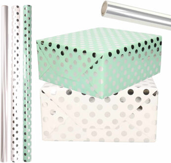 Shoppartners 9x Rollen transparante/folie luxe inpakpapier zilveren stippen pakket - mintgroen/wit 200 x 70 cm