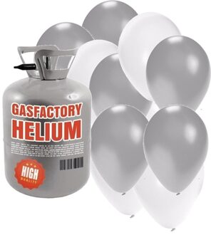 Shoppartners Bruiloft helium tankje met zilver/witte ballonnen 50 stuks - Heliumtank