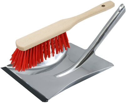 Shoppartners Buemag Stoffer en blik set - zilver/rood - van RVS/hout - inclusief lip - voor buiten