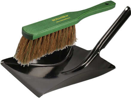 Shoppartners buiten stoffer en blik set - zwart/groen - blik zwart van metaal - veger met kokosharen