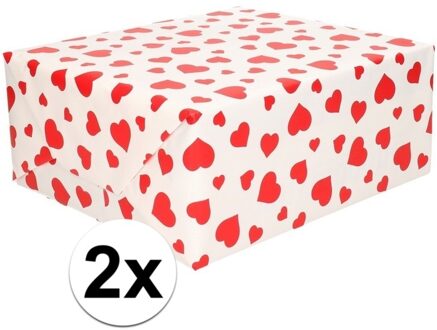 Shoppartners Cadeaupapier - 2x - rol - wit met rode hartjes - 200 x 70 cm - 80 grams - inpakpapier