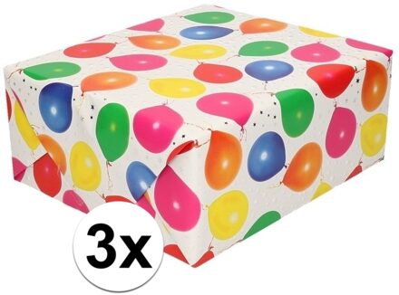 Shoppartners Cadeaupapier - 3x - met ballonnen print - 150 x 70 cm - inpakpapier - rol kadopapier - verjaardag