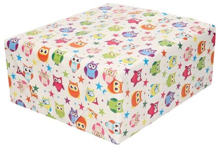 Shoppartners Cadeaupapier wit met gekleurde uiltjes 200 x 70 cm - Cadeaupapier