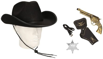 Shoppartners Cowboy accessoire set - zwart - voor volwassenen - hoed - badge - wapen