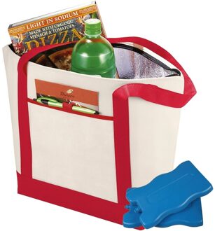 Shoppartners draag Koeltas - hengsels - naturel/rood - met 4x koelelementen van 200 ml
