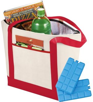Shoppartners draag Koeltas - hengsels - naturel/rood - met 4x koelelementen van 200 ml