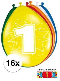 Shoppartners Feest ballonnen met 1 jaar print 16x + sticker - Ballonnen Multikleur