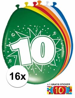 Shoppartners Feest ballonnen met 10 jaar print 16x + sticker - Ballonnen Multikleur