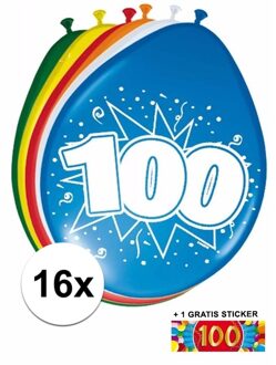 Shoppartners Feest ballonnen met 100 jaar print 16x + sticker - Ballonnen Multikleur