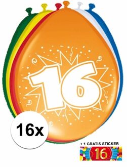 Shoppartners Feest ballonnen met 16 jaar print 16x + sticker - Ballonnen Multikleur