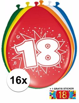 Shoppartners Feest ballonnen met 18 jaar print 16x + sticker - Ballonnen Multikleur