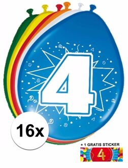 Shoppartners Feest ballonnen met 4 jaar print 16x + sticker - Ballonnen Multikleur