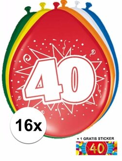 Shoppartners Feest ballonnen met 40 jaar print 16x + sticker - Ballonnen Multikleur