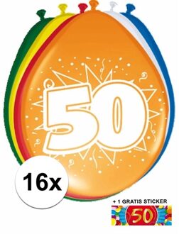 Shoppartners Feest ballonnen met 50 jaar print 16x + sticker - Ballonnen Multikleur