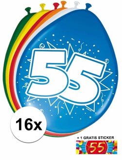 Shoppartners Feest ballonnen met 55 jaar print 16x + sticker - Ballonnen Multikleur