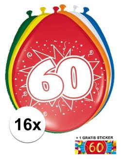 Shoppartners Feest ballonnen met 60 jaar print 16x + sticker - Ballonnen Multikleur